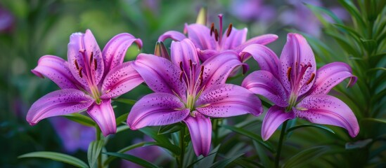 A close-up view of a vibrant bunch of pink lily flowers in full bloom, showcasing their delicate petals and green leaves.