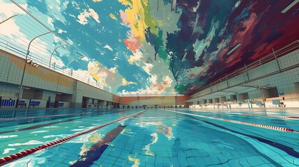 Summon the digital incarnation of an Olympic swimming pool, a mesmerizing scene painted by AI strokes, where the surreal meets the achievable, and pixels weave dreams into reality attractive look - obrazy, fototapety, plakaty