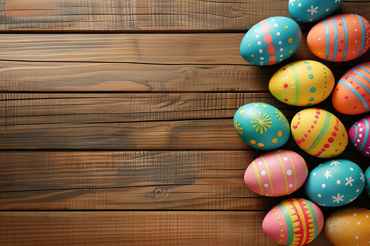 Happy Easter with colorful eggs on a wooden background