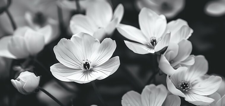A serene close-up shot of white flowers in grayscale, perfect for ample copy space, real photo, stock photography generative ai images