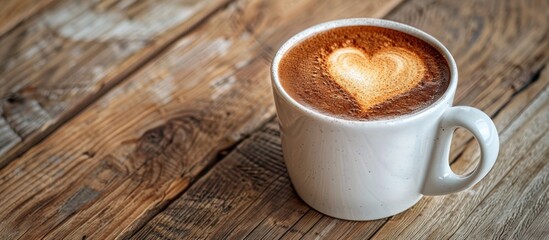 A white mug filled with coffee, featuring a heart design drawn on its surface.