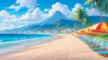 Fototapeta premium A sandy beach with colorful umbrellas and sun loungers