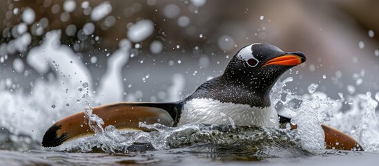 A black and white Gentoo penguin energetically swims in a body of water, creating splashes with its movements.