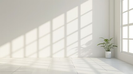 Sunlit minimalist room with white walls and shadow patterns from a window casting light on the floor and a single plant pot as decor. Ideal for real estate, interior design showcases.