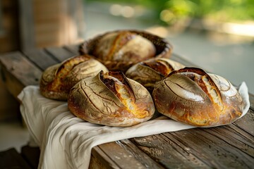Artisan sourdough loaves on a rustic wooden table, showcasing the trend of home baking and natural fermentation, warm, earthy tones with a focus on crust texture