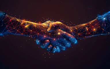 Abstract digital handshake on dark background, successful business deal and collaboration concept - obrazy, fototapety, plakaty