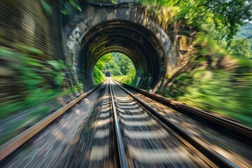 Train moving through rail tunnel with blurred motion.
