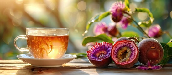 A cup of tea and passiflora fruit resting on a table, showcasing a refreshing snack option. - obrazy, fototapety, plakaty