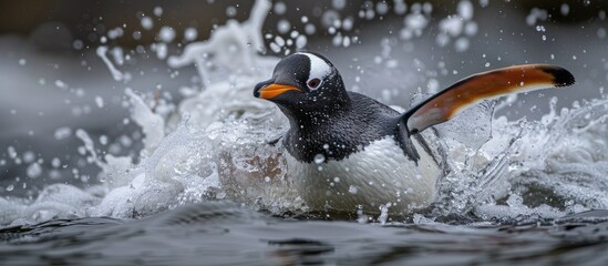 A black and white Gentoo penguin energetically splashes in the water, wings outspread.