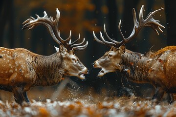 Two bucks fighting each other.