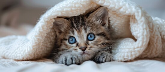 A small kitten with vivid blue eyes peeking out from under a cozy blanket.