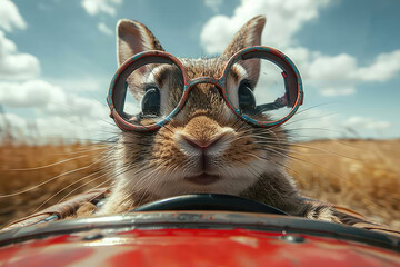 A photo of an anthropomorphic squirrel wearing vintage glasses driving in the countryside. Created with Ai