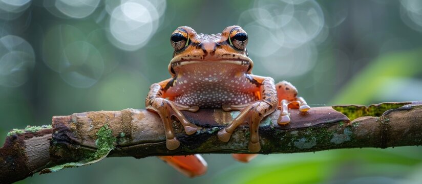 A Borneo Magnificent Phila, brown frog, sits on a branch in a lush forest setting.