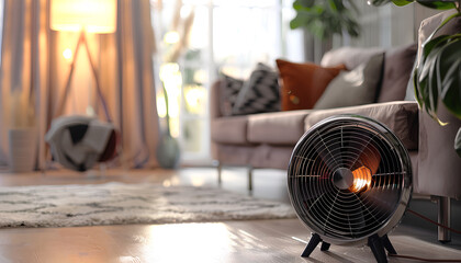 Electric fan heater on floor in living room, closeup - obrazy, fototapety, plakaty