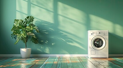 empty room featuring a solitary washing machine beside a vibrant green plant