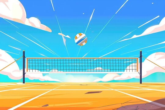 Vector illustration of beach volleyball court with net and ball.