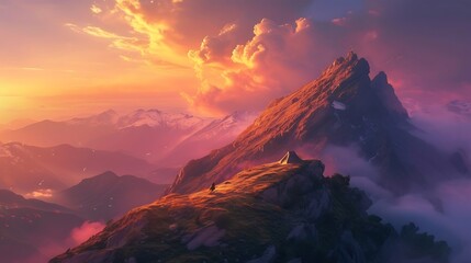 a scene capturing the magic of a tent on a mountain peak at sunset, with the sky painted in hues of orange and pink attractive look
