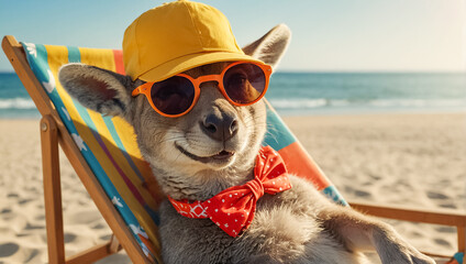 Cute  beautiful kangaroo portrait on the beach wearing sunglasses - obrazy, fototapety, plakaty