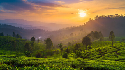Scenic landscape of Tea estates on rolling hills, caught in the morning mist, typical landscape of  South India Nilgiri hills, Generative AI image.	