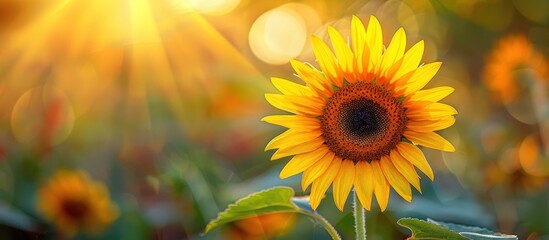 A close-up view of a vibrant sunflower standing tall in the middle of a lush field, under the bright sun.