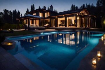 Luxury home with swimming pool in night.