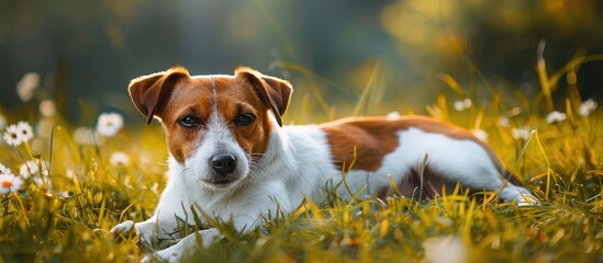 A brown and white dog resting peacefully on the lush green grass in the outdoors.