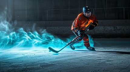 A hockey player in a swift motion, neon blue streaks highlighting their speed, on a cool grey canvas.