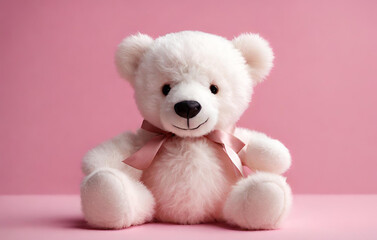 A hyper realistic pink teddy white background

