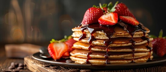 A stack of homemade pancakes generously covered in syrup and fresh strawberries, creating a delicious and mouth-watering breakfast or brunch option.