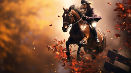 A horse and rider jumping over a high obstacle, the background a blur of autumn colors.