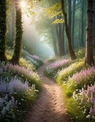 A path through a forest with wildflowers and trees. The flowers are pink and white. The path is lined with trees and the sky is blue.