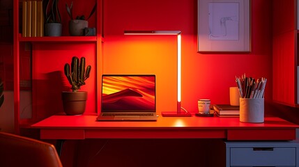 Upgrade your work environment with a touch of modernity a?" a powerful AI image reading light on a vibrant red desk, engineered for productivity and comfort attractive look