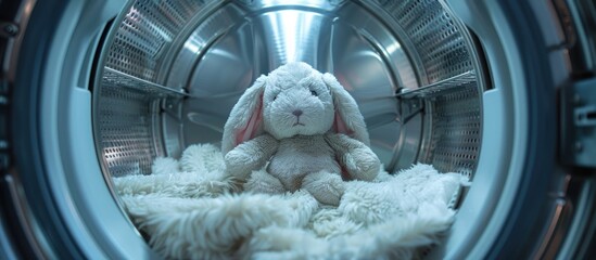 A stuffed rabbit toy is pictured sitting inside a washing machine, the door is closed. - obrazy, fototapety, plakaty