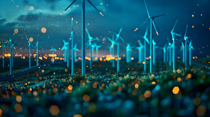 Night Lights and Wind Turbine in Green Environment - obrazy, fototapety, plakaty