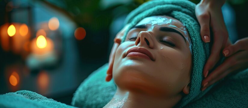 A woman lies on a spa bed, receiving a facial massage from a therapist in a serene spa setting.