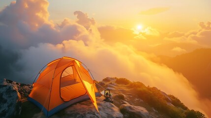 a scenic view of a tent on a mountain summit during the golden hour, capturing the beauty of the sunset attractive look