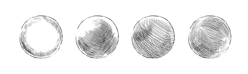Hand drawn shaded spheres. Simple black and white pen and ink doodle sketches of circles with different types of shading texture. Shading tutorial, organic hand drawn design elements. © Very Well Studio