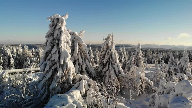 Welcome to winter wonderland. Drone flight through a breathtaking snowy landscape.