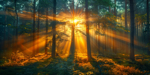 Woodland landscape with rays of sun piercing through the foliage