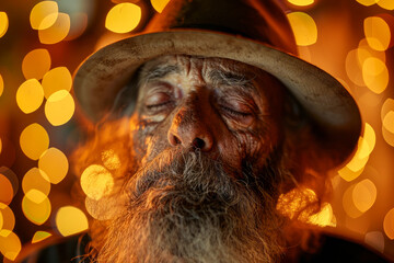 Wise old man with a flowing beard and a solemn expression, wearing a hat, praying with closed eyes against a backdrop of golden bokeh lights