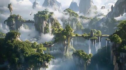 A fantastical realm of floating islands and mystical creatures, with cascading waterfalls and lush vegetation adorning the landscape,  - obrazy, fototapety, plakaty