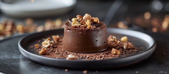 A plate holding a rich chocolate dessert sprinkled with crunchy nuts, creating a delectable and indulgent treat.
