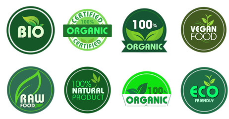 Organic Natural icon badges, eco Friendly, 100% organic, vegan food, raw food