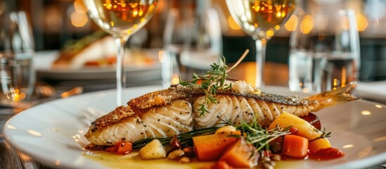 A white plate holding a freshly cooked seabass fish alongside a colorful array of vegetables, complimented by a glass of white wine.
