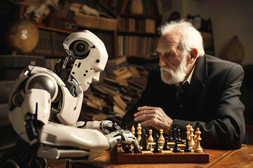 A futuristic robot engages in a chess match with an elderly man, blending technology and tradition in a captivating scene of human-robot interaction.