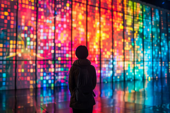 Silhouette of a person standing in front of a wall of colorful digital screens displaying various abstract graphics