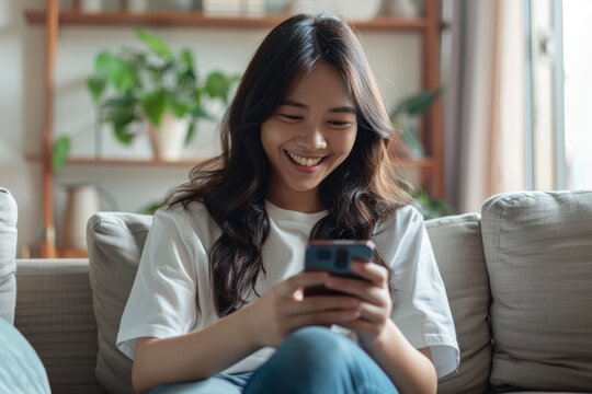 Happy young asian woman using mobile phone while sitting a couch at home.Happy relaxed young woman sitting on couch using cell phone, smiling lady laughing holding smartphone