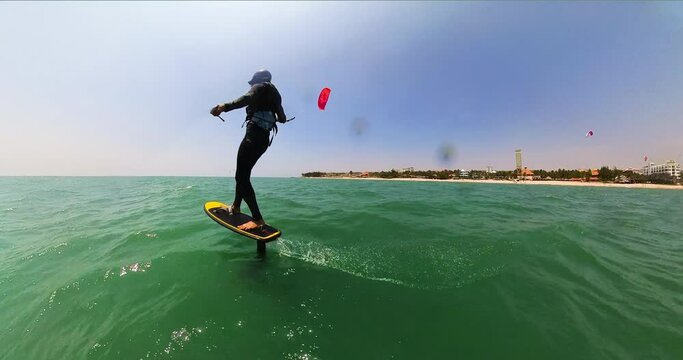 Kite Foiling With An Inflatable Kite And Hydro Foil Kite Surfing Board In Mui Ne, Vietnam; Insta 360 Action Cam With Invisible Stick.