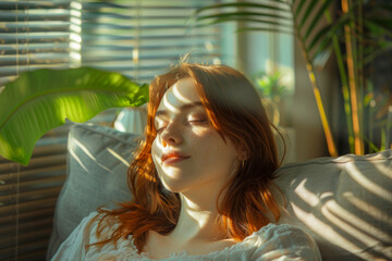 Tranquil Moment of a Woman in a Sun-drenched Room with Houseplant