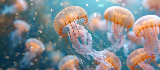 A cluster of jellyfish float gracefully in the water, showcasing their translucent bodies and delicate tentacles. - obrazy, fototapety, plakaty